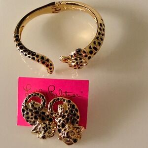 Lilly Pulitzer Women's  Leopard Bangle Bracelet and Earrings Set Gold Tone